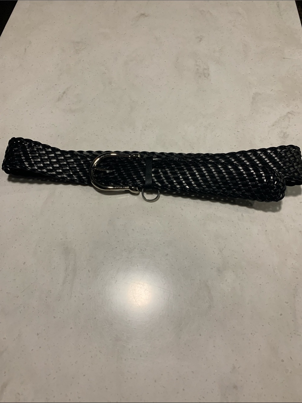 Michael Kors Black Braided Leather Belt Silver Buckle with Keychain Size XL NWOT